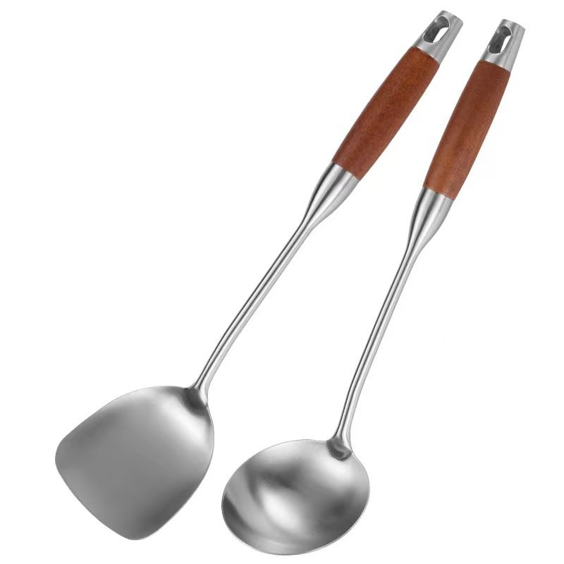 2 Pieces Wok Spatula, Stainless Steel Spatula with Heat Resistant Wooden