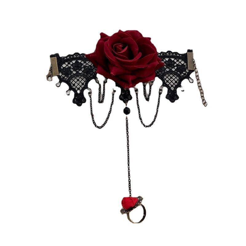 Gothic Lace Bracelet with Finger Ring Rose Flower Slave Bracelet Lolita Party