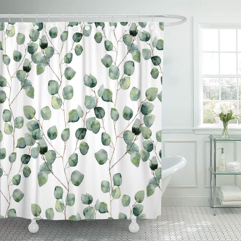 Shower Curtain Watercolor Green Floral Eucalyptus Round Leaves Pattern view 2