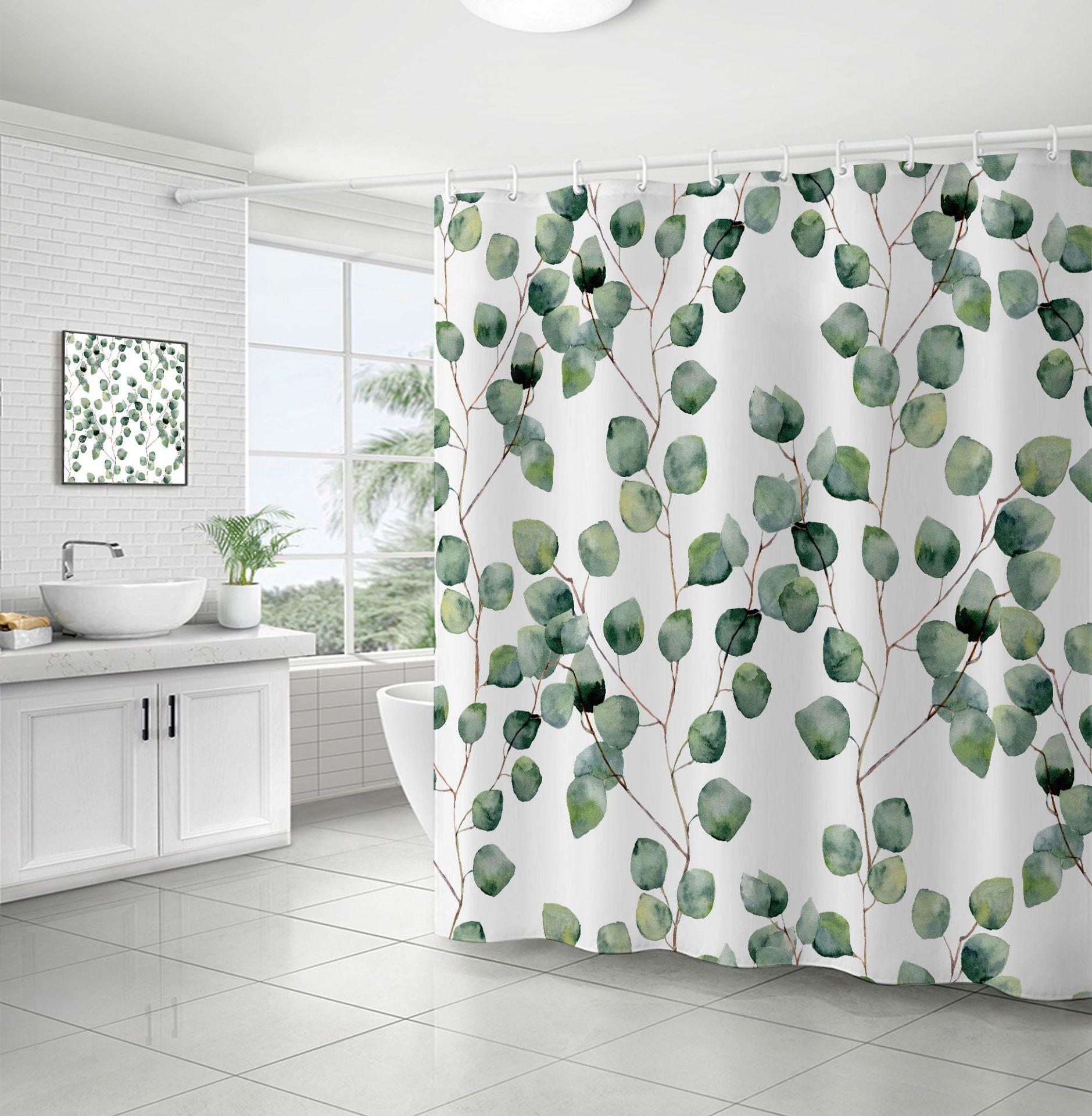 Shower Curtain Watercolor Green Floral Eucalyptus Round Leaves Pattern view 3