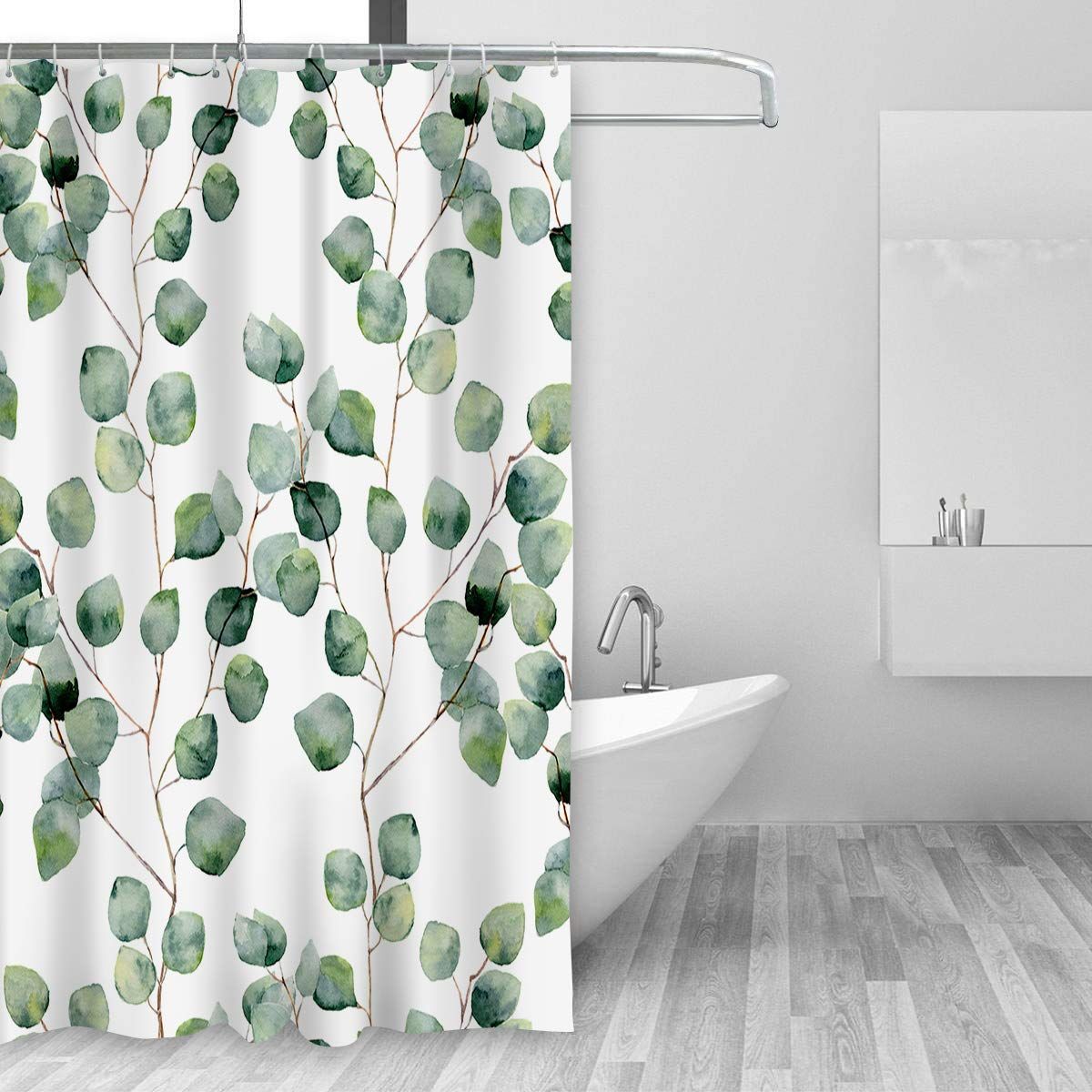 Shower Curtain Watercolor Green Floral Eucalyptus Round Leaves Pattern view 5