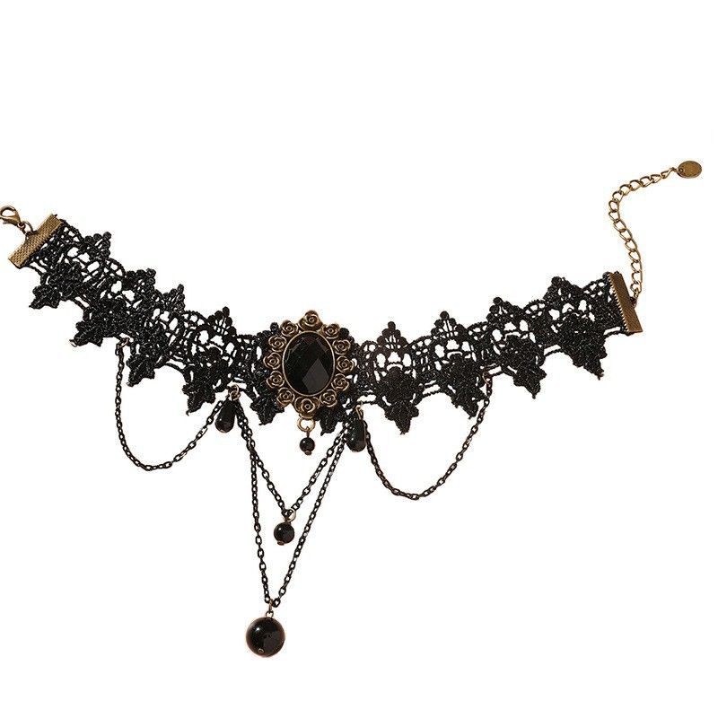 Gothic Black Lace Crystal Choker Necklace Sexy Gemstone Pendant Neck Chain