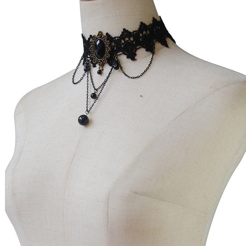 Gothic Black Lace Crystal Choker Necklace Sexy Gemstone Pendant Neck Chain view 2