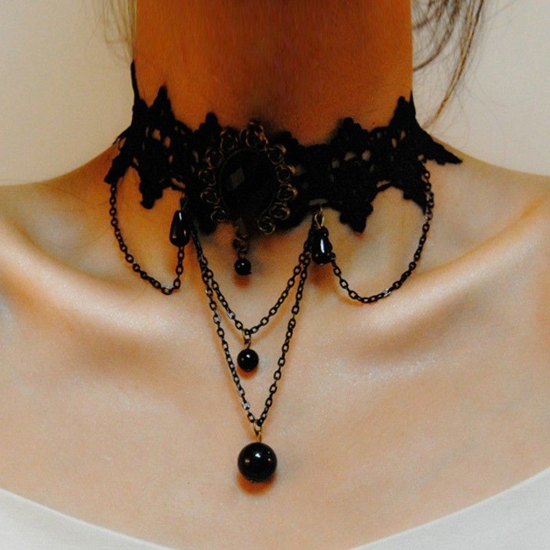 Gothic Black Lace Crystal Choker Necklace Sexy Gemstone Pendant Neck Chain view 3