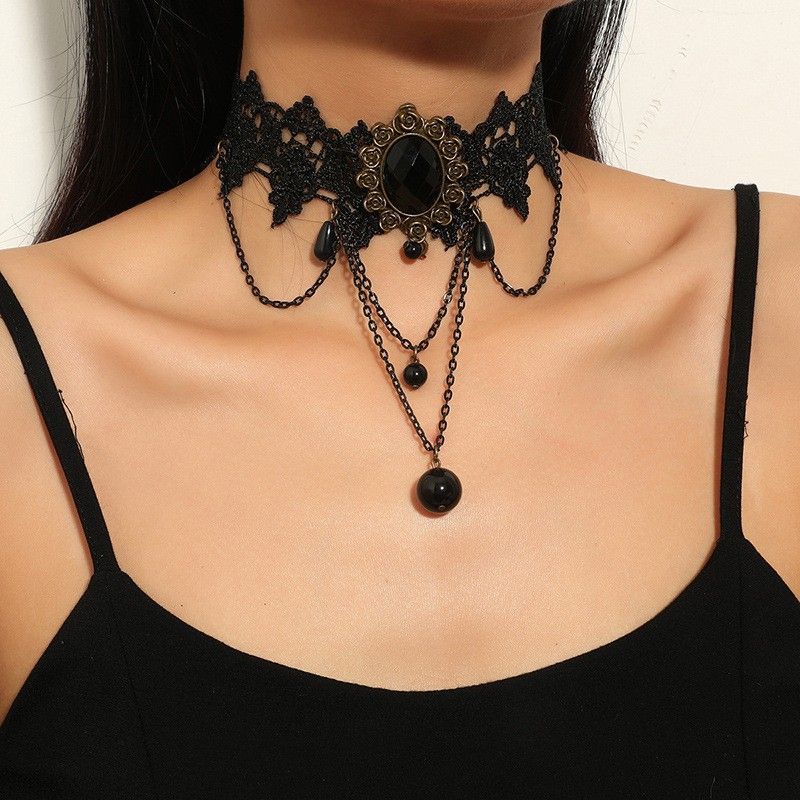 Gothic Black Lace Crystal Choker Necklace Sexy Gemstone Pendant Neck Chain view 5