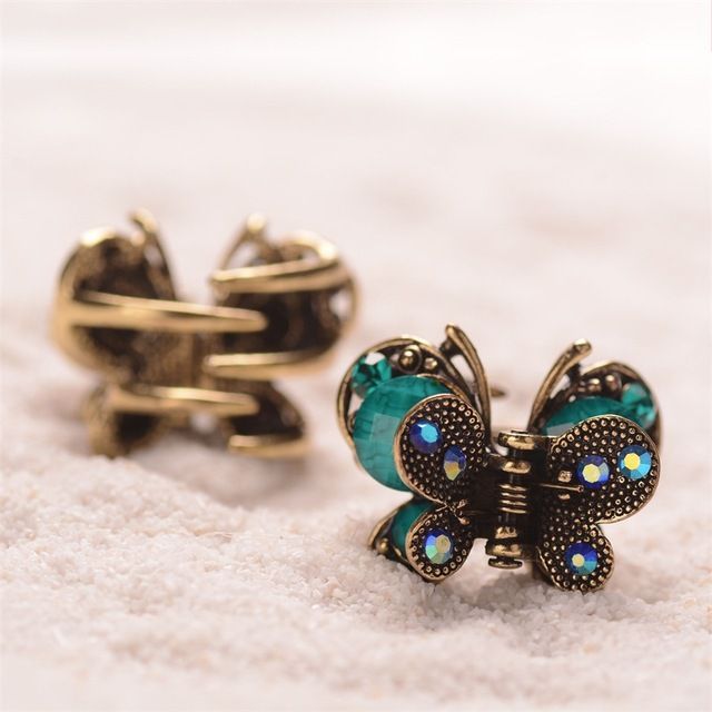 2Pcs Rare Crystal Rhinestone Butterfly Bangs Clip Bow Hair Claw Gripper for view 3