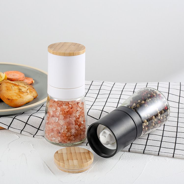 2 pcs Salt and Black Pepper Grinder Set - Bamboo Lid and Wood Stand Refillable view 5