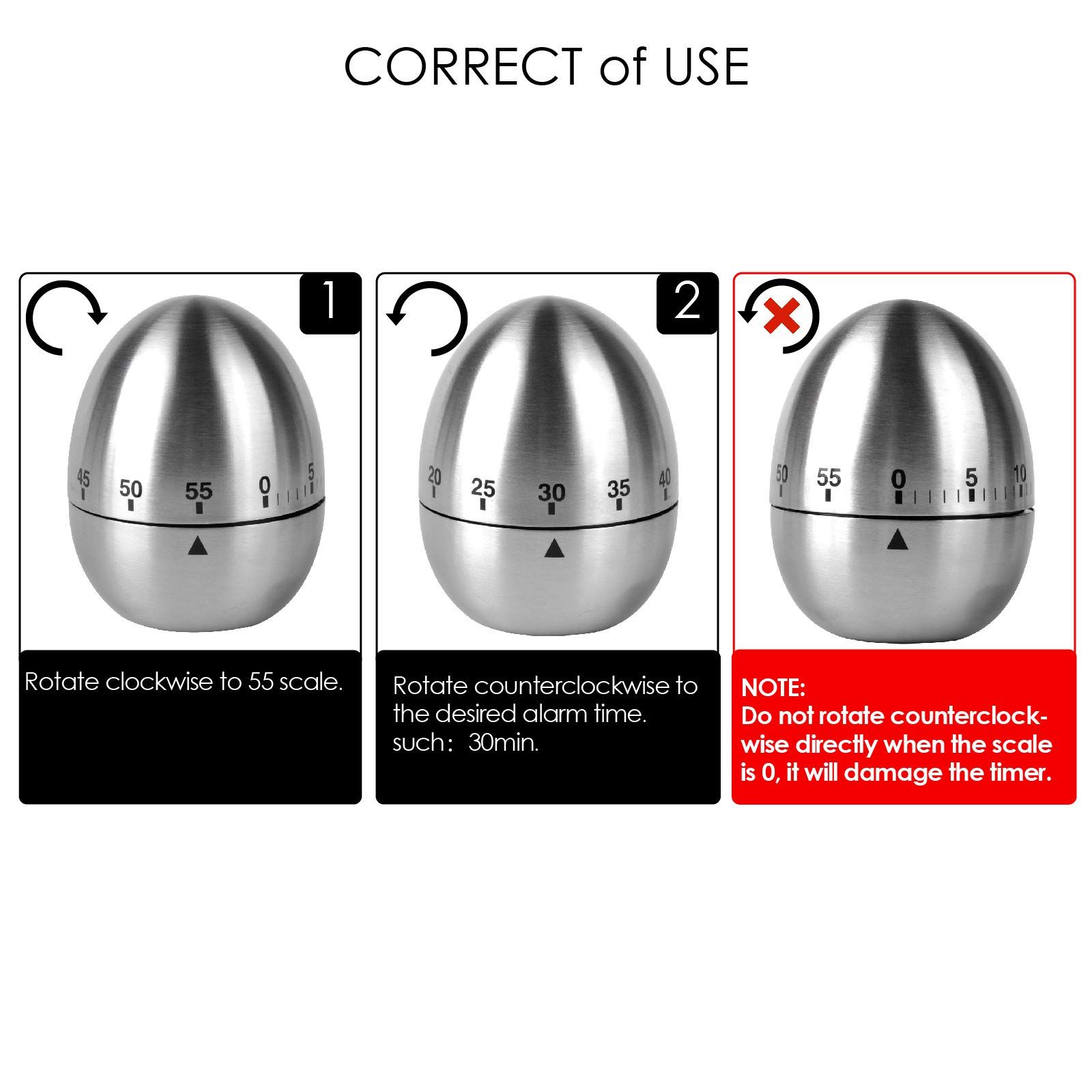 Egg Kitchen Timer Stainless Steel Mechanical Rotating Alarm 60 Minutes Count view 3