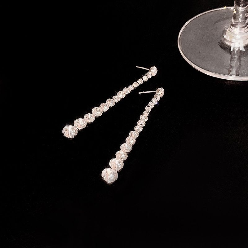Silver Long Crystal Line Earrings For Women Chic Rhinestone Statement Chain view 2
