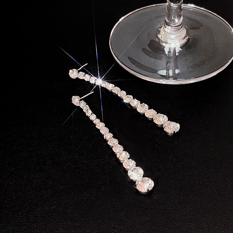 Silver Long Crystal Line Earrings For Women Chic Rhinestone Statement Chain view 3