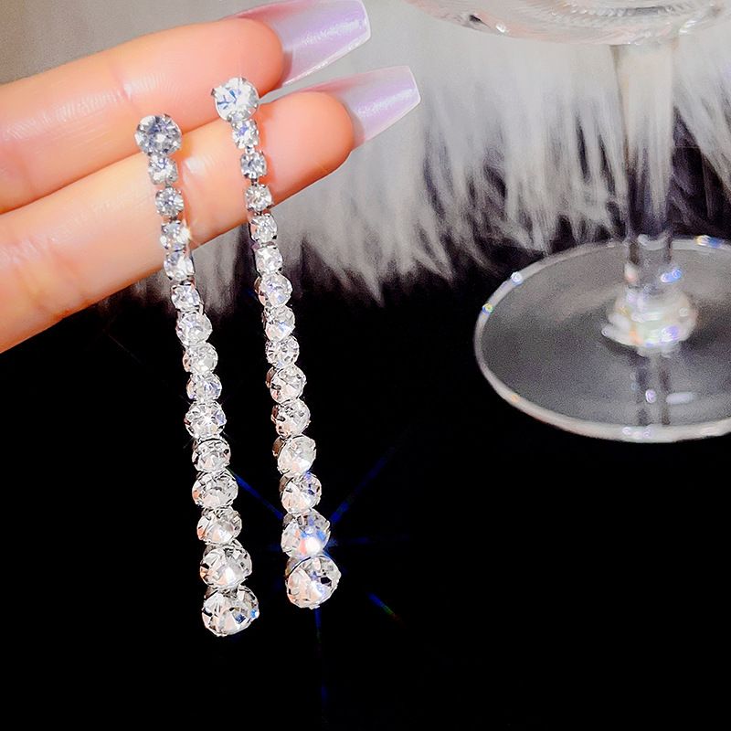 Silver Long Crystal Line Earrings For Women Chic Rhinestone Statement Chain view 4