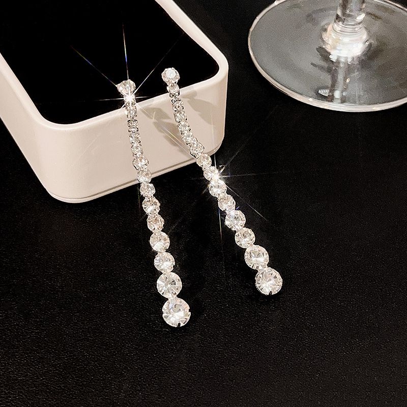 Silver Long Crystal Line Earrings For Women Chic Rhinestone Statement Chain view 5