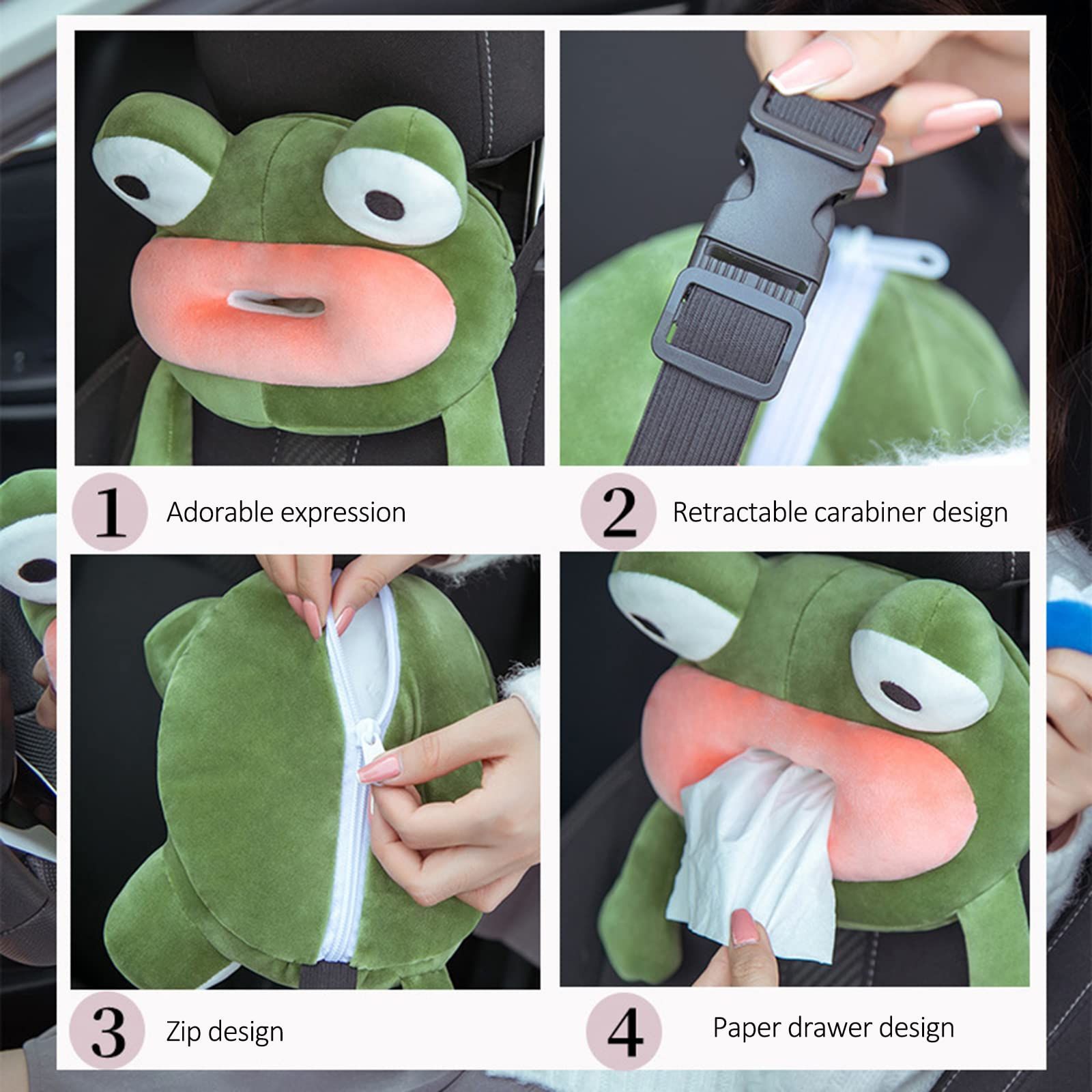 Cartoon Car Tissue Box, Funny Plush Frog Tissue Holder Animal Armrest Box Car view 3