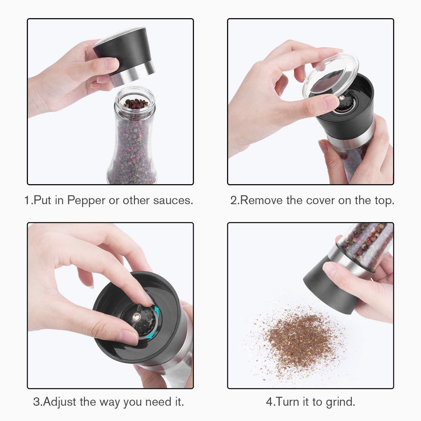 Premium Pepper and Salt Grinder Set of 2-Refillable Coarseness Adjustable view 4