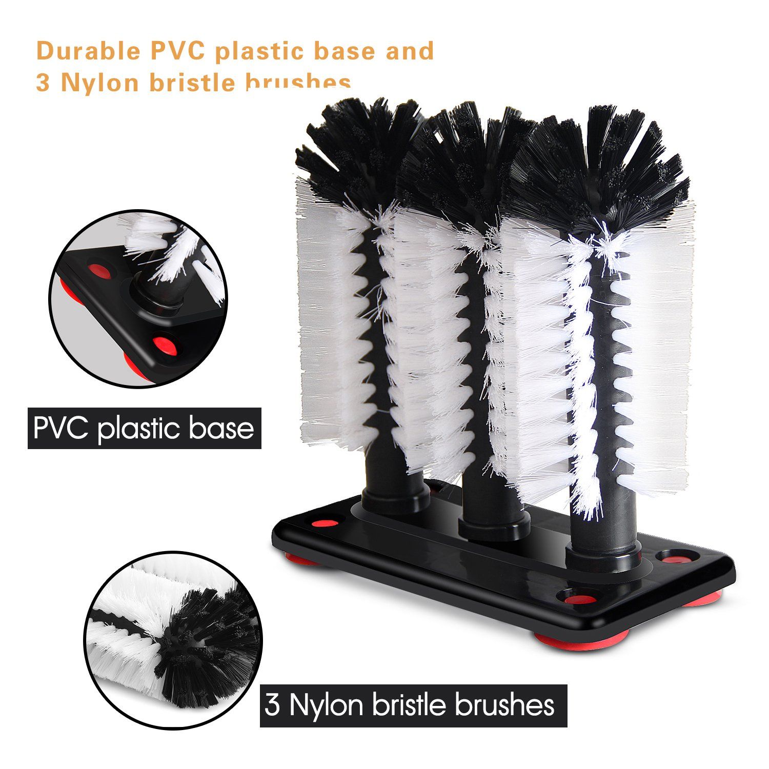 Glass Washer Brush Cleaner - 3 Brushes per Base Suction grip base firmly view 2