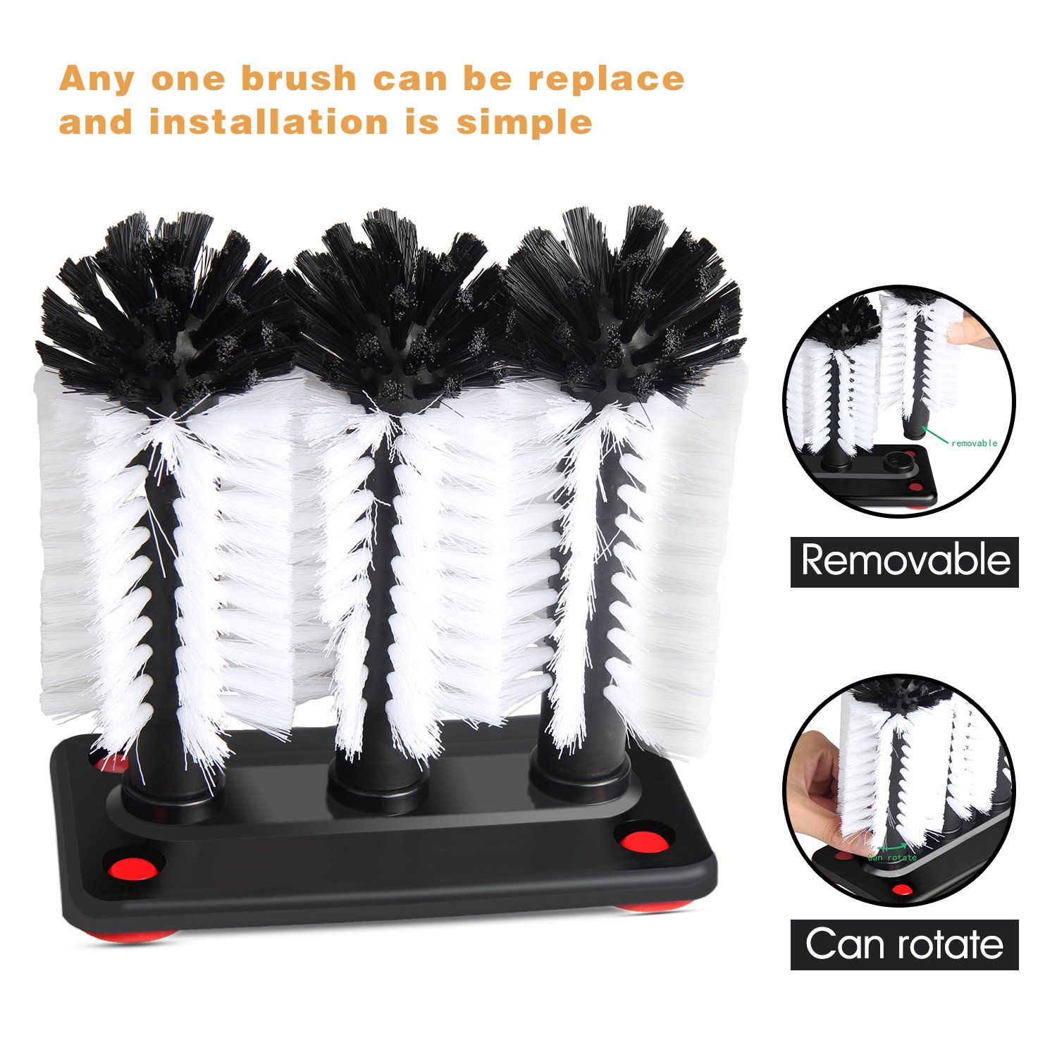 Glass Washer Brush Cleaner - 3 Brushes per Base Suction grip base firmly view 3