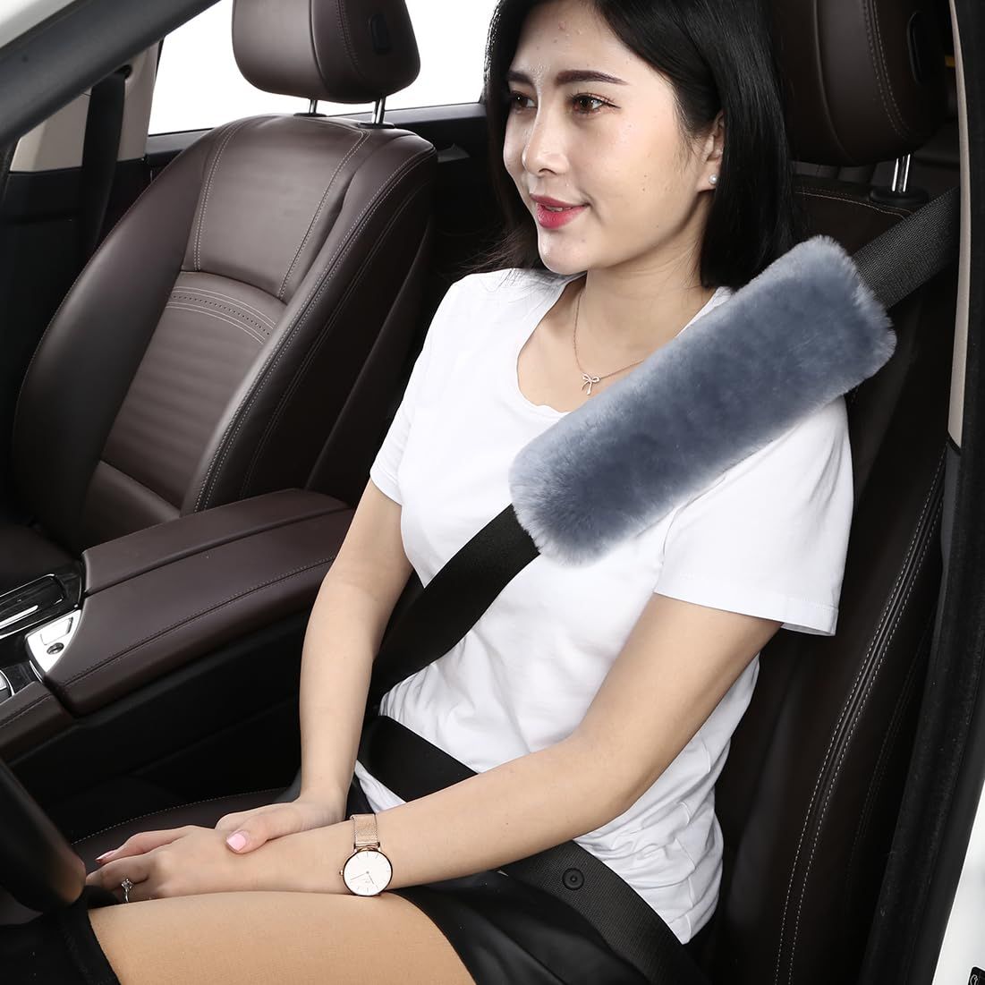 2 Pack Natural Fur Comfort Car Seat Belt Pads for Adults view 2