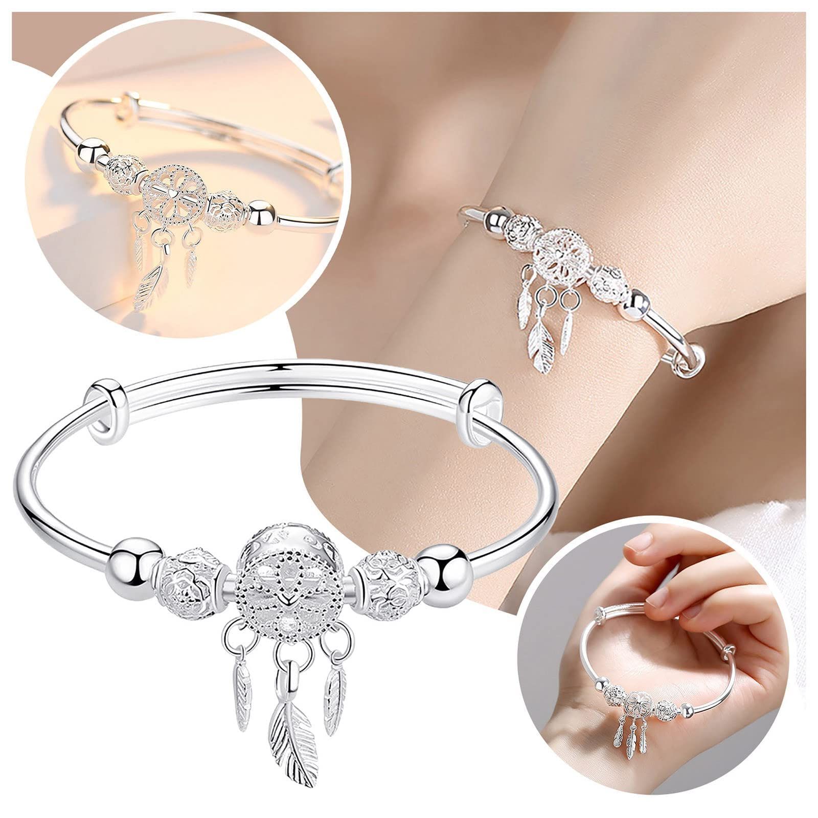 Silver Tassel Feather Charm Bracelet Bangle Adjustable Mother's Day Jewelry view 3