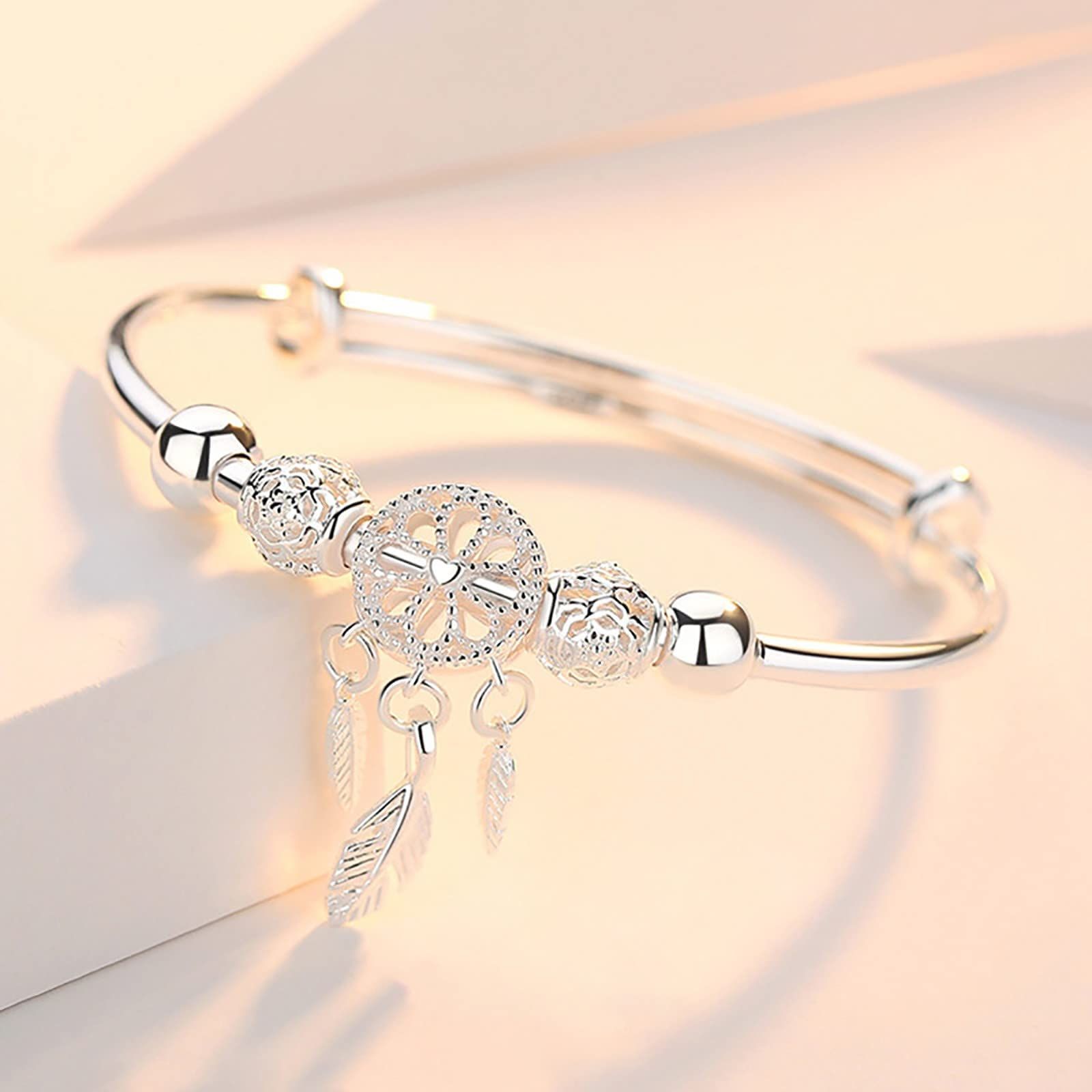 Silver Tassel Feather Charm Bracelet Bangle Adjustable Mother's Day Jewelry view 4