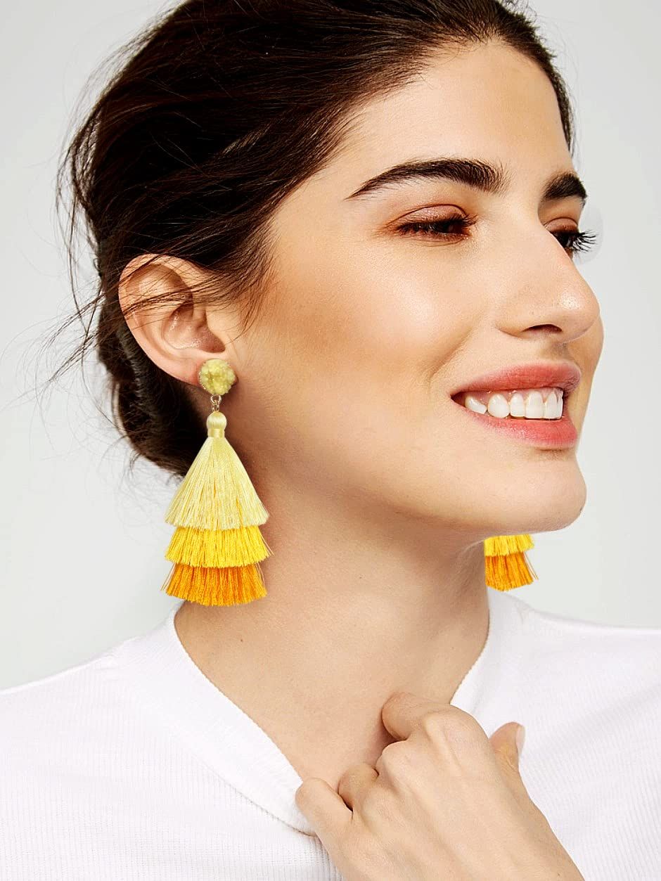 Colorful Layered Tassel Earrings Bohemian Tiered Tassel Dangle Drop Earrings view 2