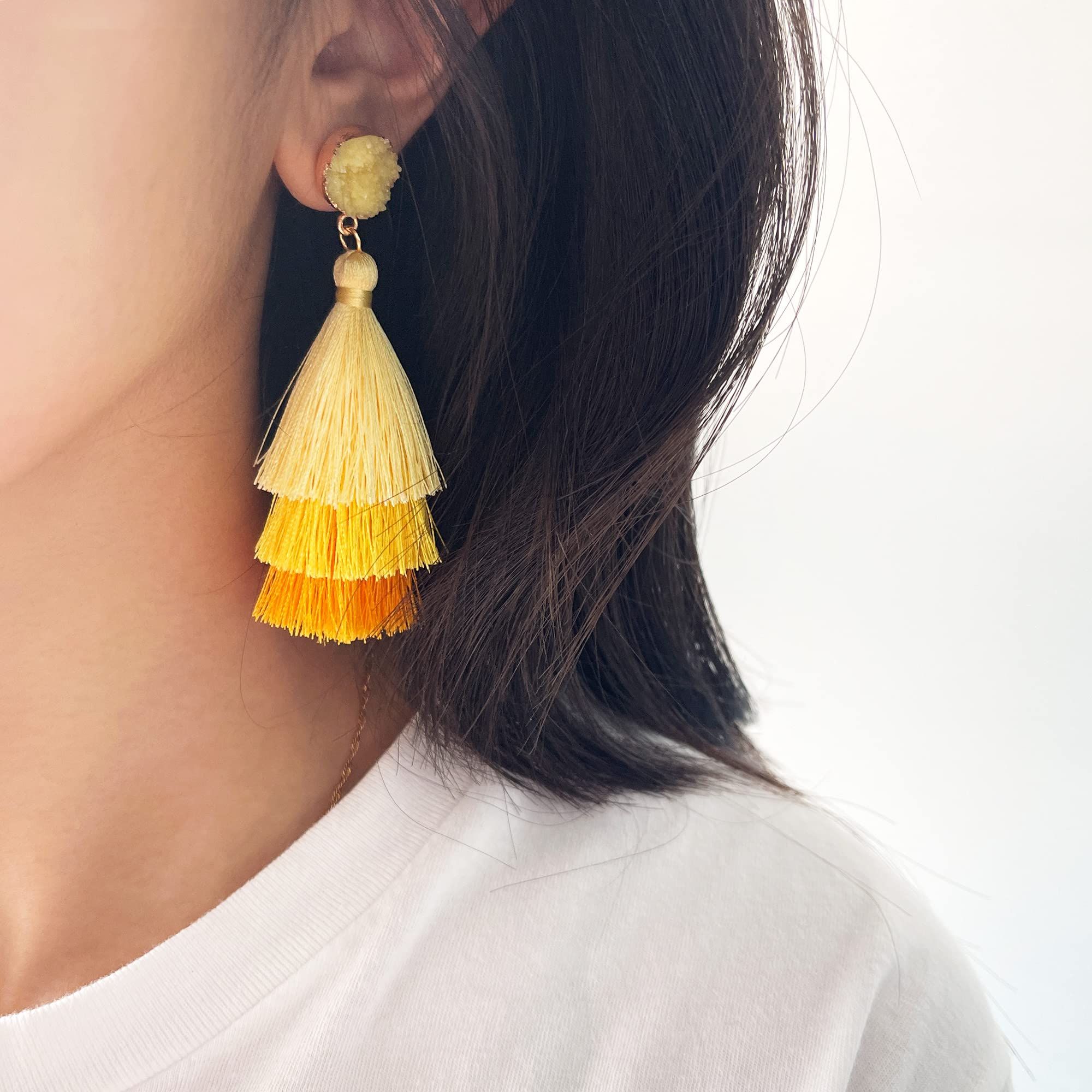 Colorful Layered Tassel Earrings Bohemian Tiered Tassel Dangle Drop Earrings view 5