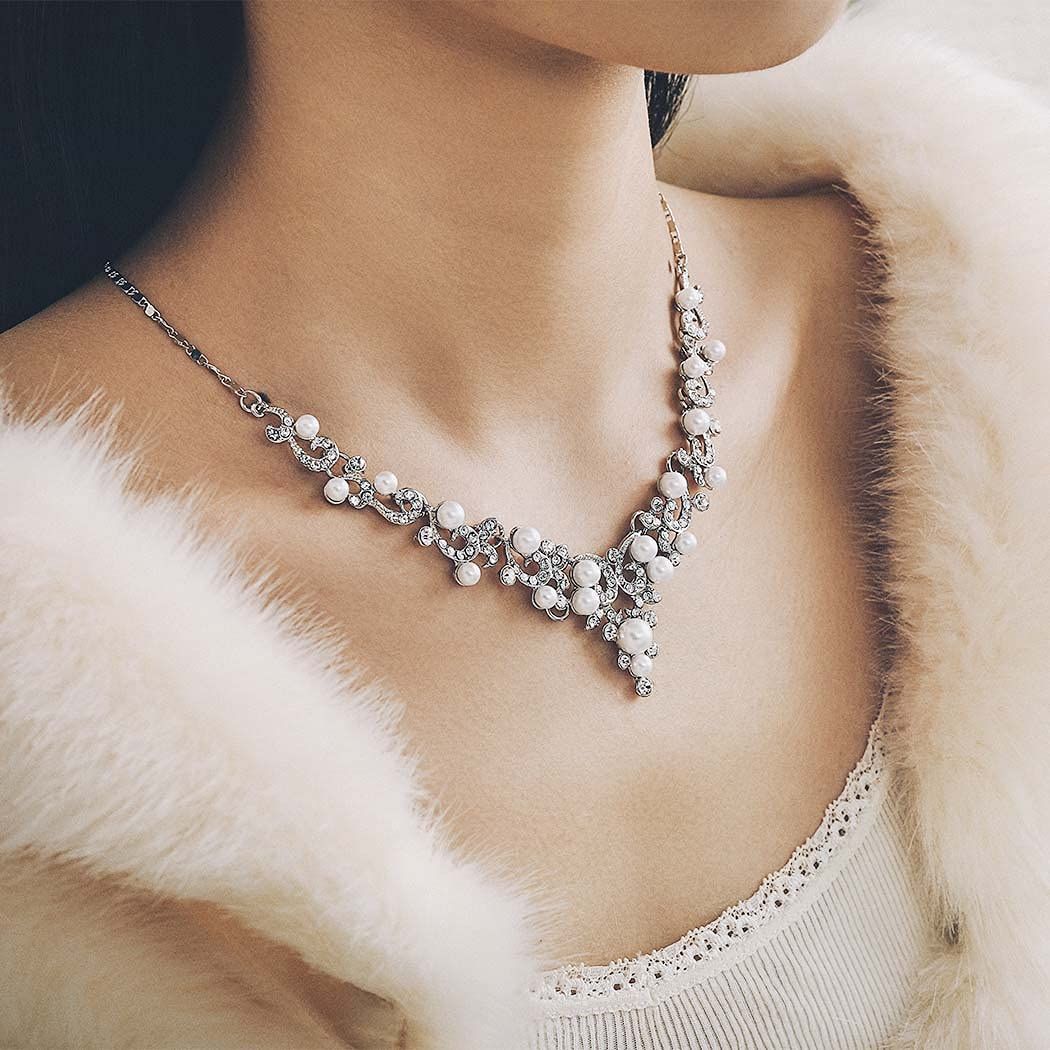 Pearl Bride Wedding Jewelry Set Faux Pearls Crystal Rhinestone Necklace view 2