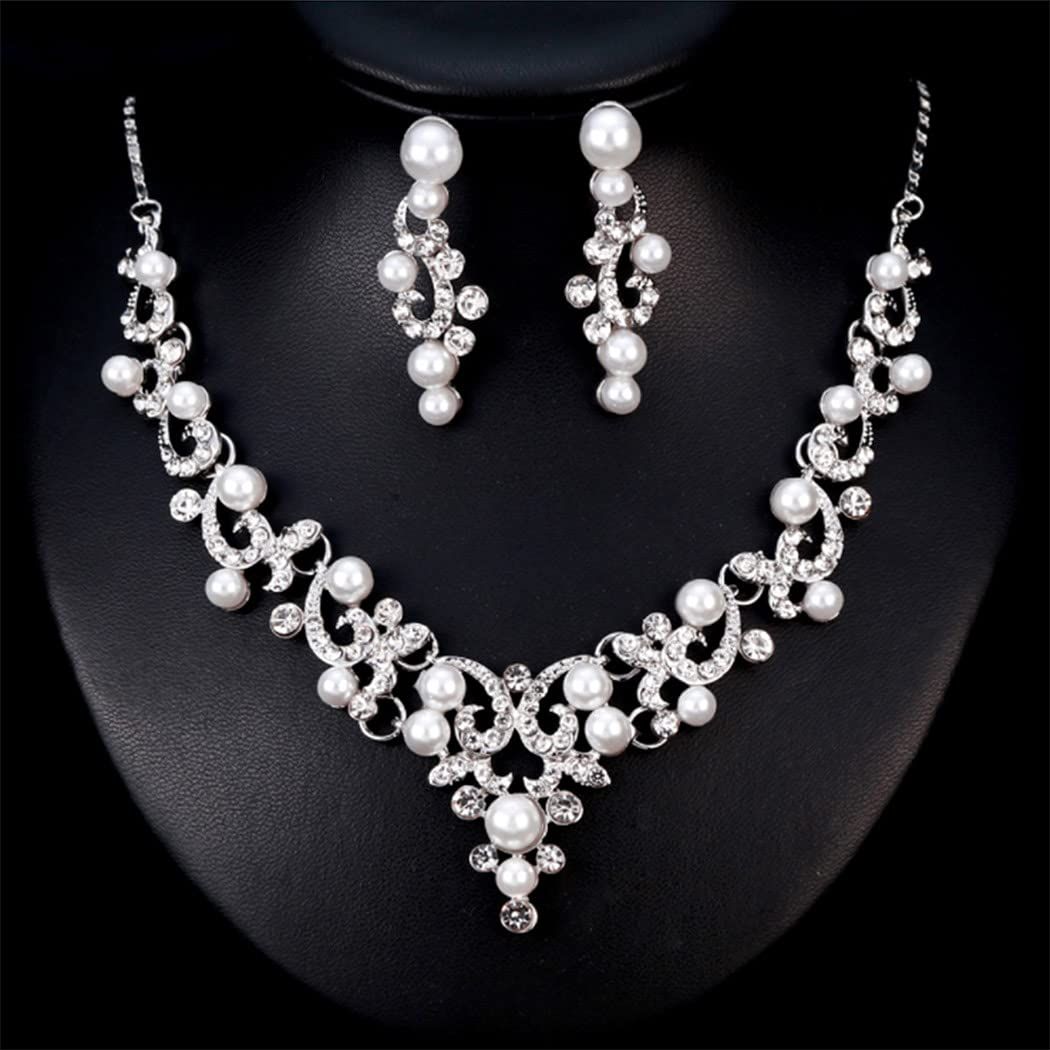 Pearl Bride Wedding Jewelry Set Faux Pearls Crystal Rhinestone Necklace view 3