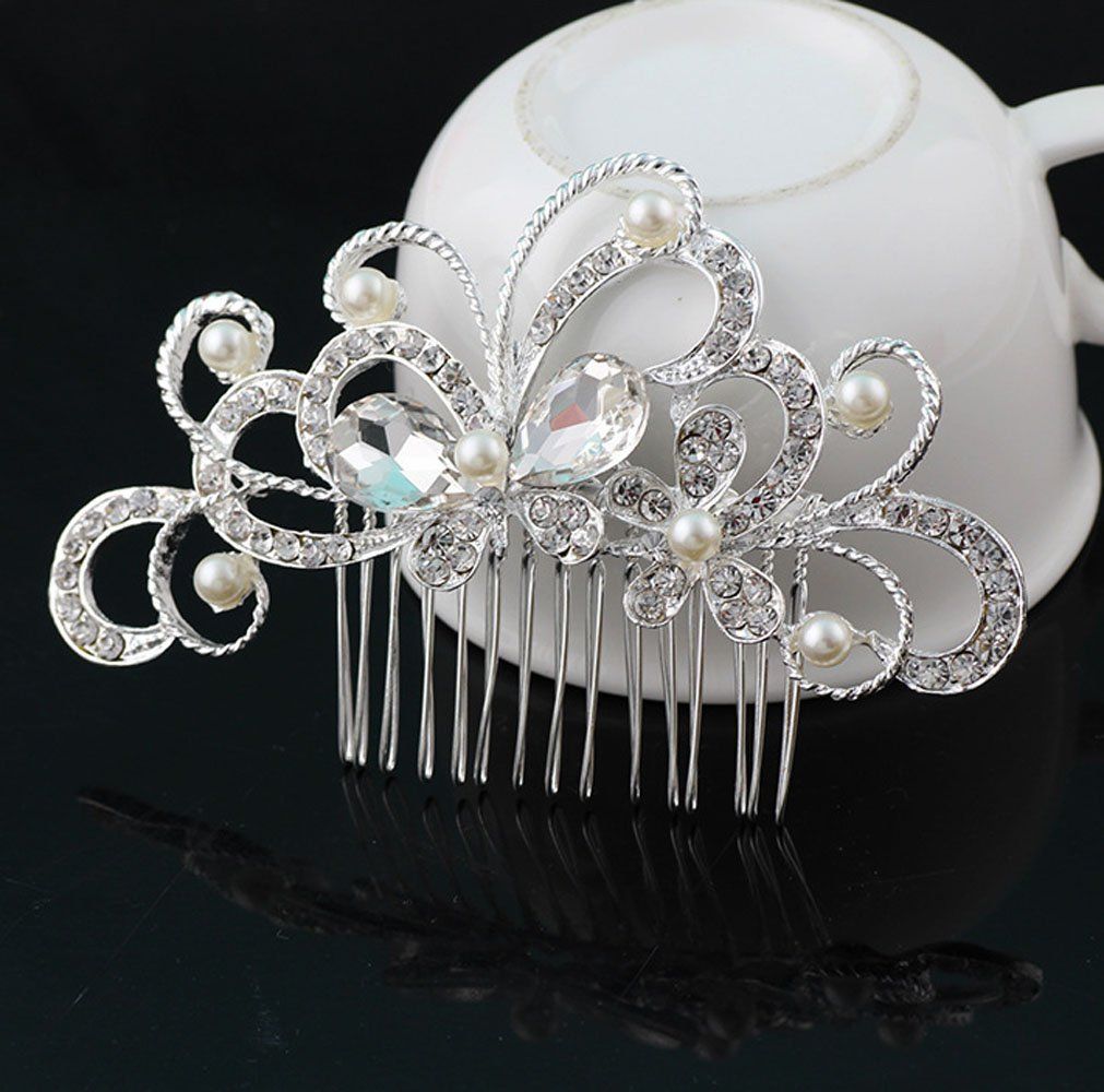 Pack of 2 Bridal Wedding Silver Crystal Rhinestones Pearls Women Hair Comb A view 2