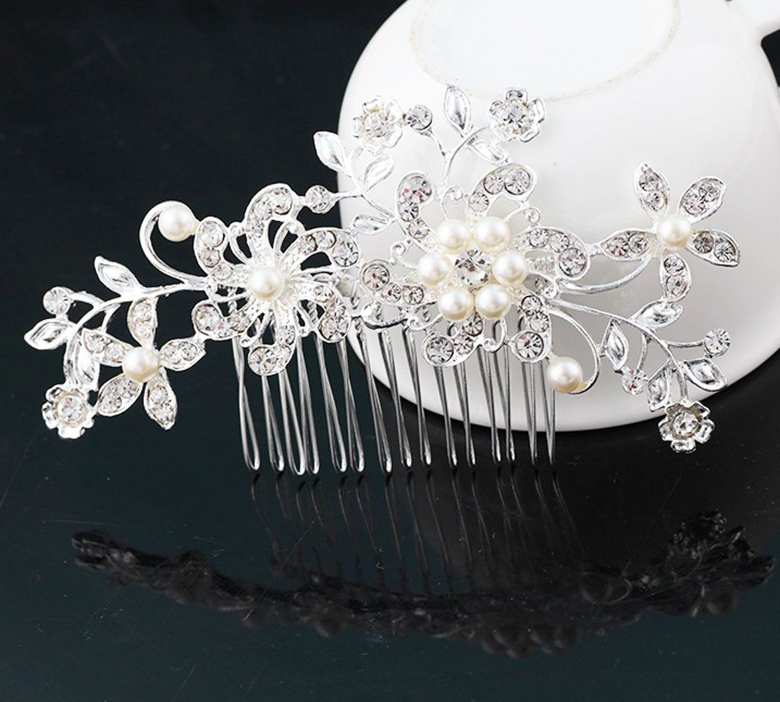 Pack of 2 Bridal Wedding Silver Crystal Rhinestones Pearls Women Hair Comb A view 3