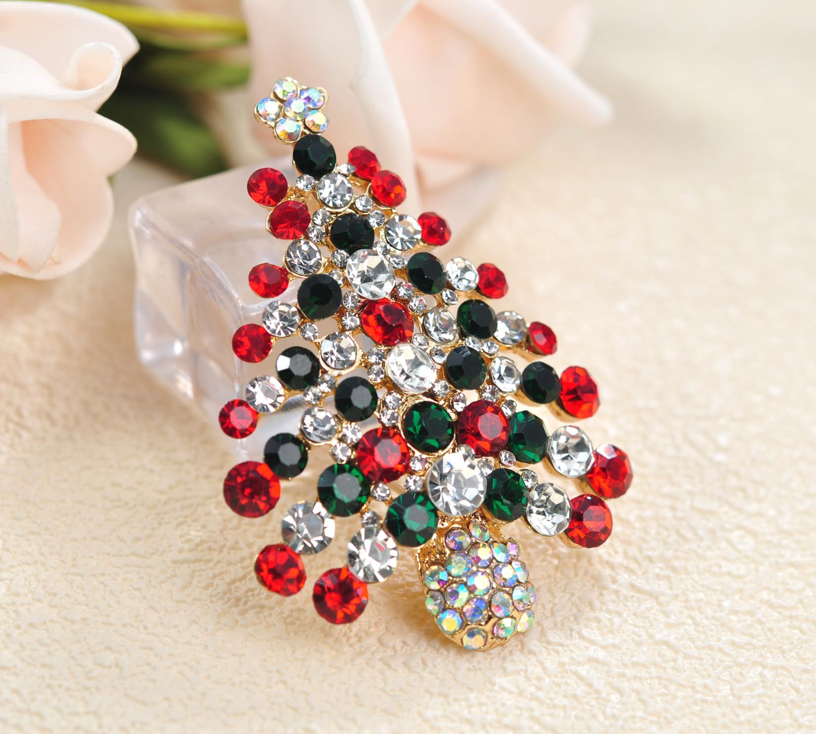 Holiday Christmas Jewelry Xmas Tree Brooch Pin With Colorful Crystal Lights view 4