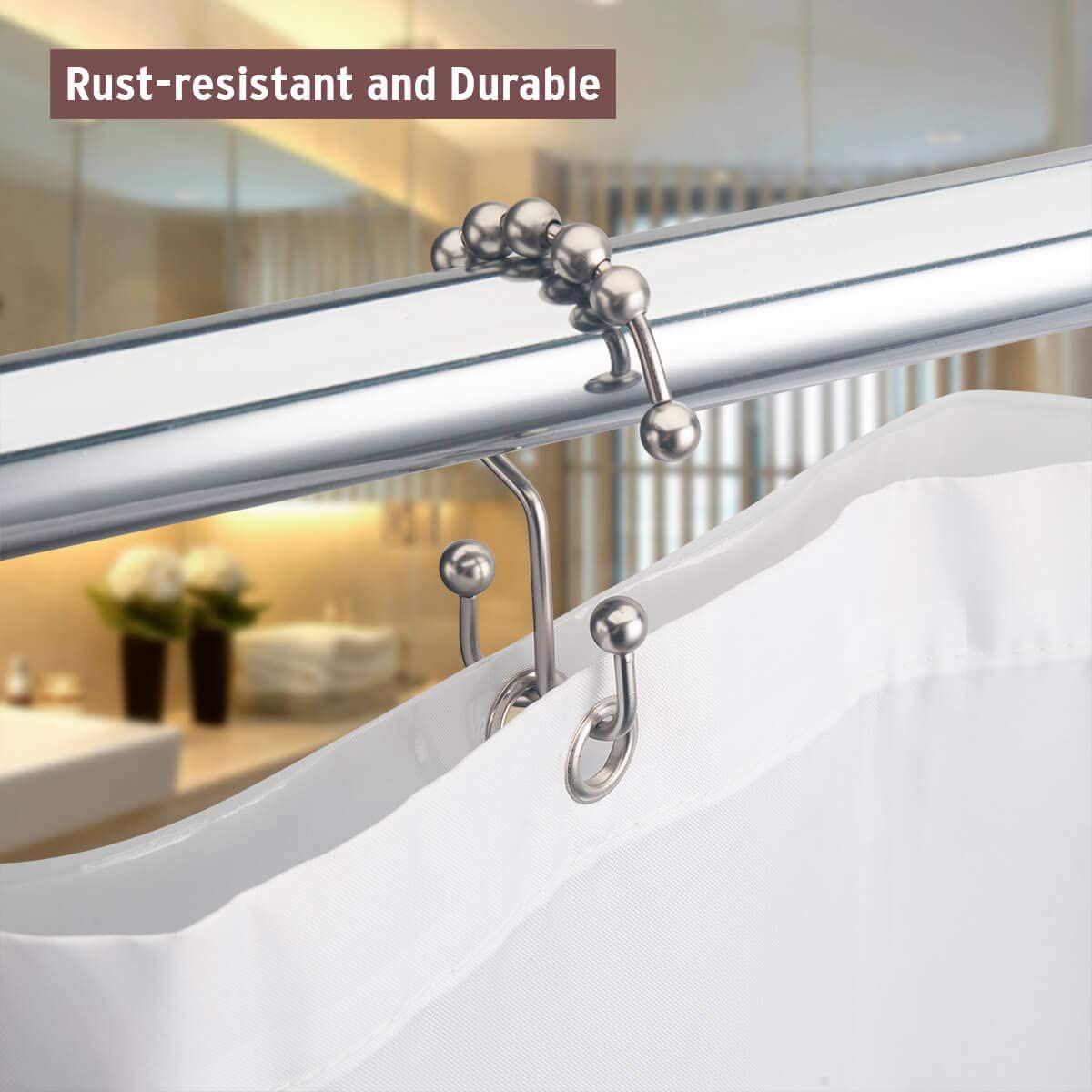 Shower Curtain Hooks Rings Rust Resistant Double Glide Rollers Curtain Rods view 5