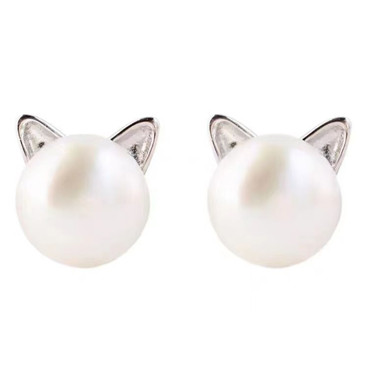 Cat Earrings Pearl Earrings Sterling Silver Earrings for Women Cat Memorial