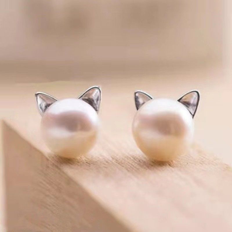 Cat Earrings Pearl Earrings Sterling Silver Earrings for Women Cat Memorial view 2