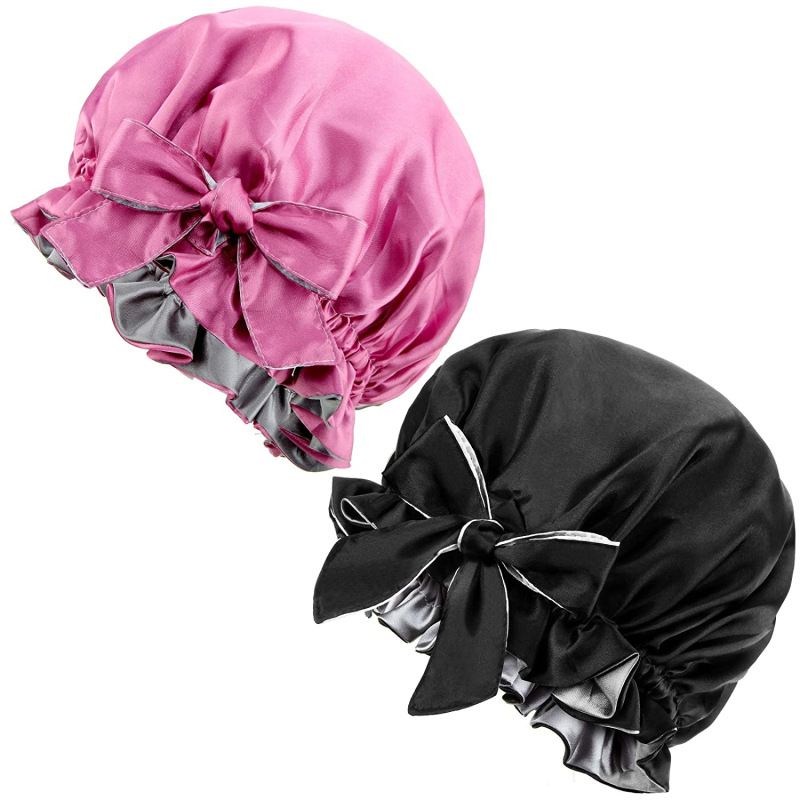 Large Shower Cap for Women Reusable Waterproof Adjustable Shower Cap with Silk