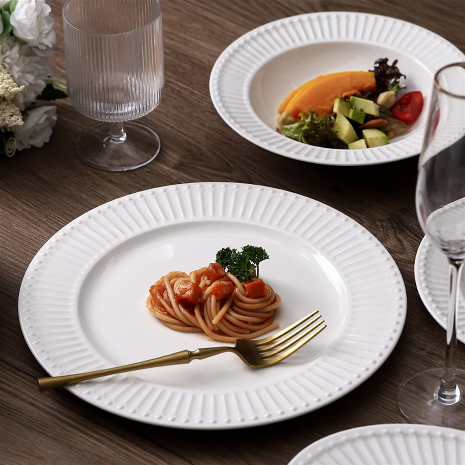 Dinner Plates Ceramic Dinner Plate Rice Soup Bowl White Relief Tableware Round view 2