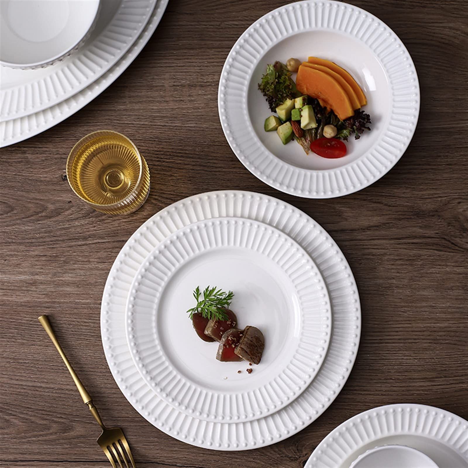 Dinner Plates Ceramic Dinner Plate Rice Soup Bowl White Relief Tableware Round view 3