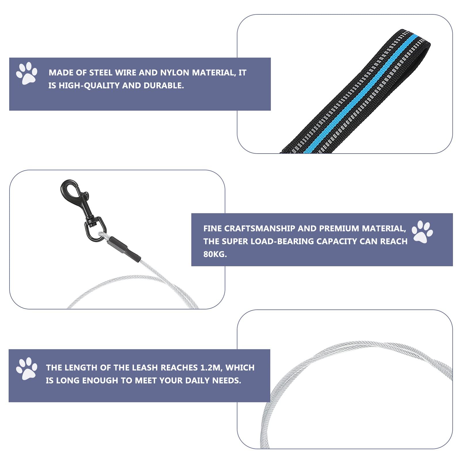 Chew Proof Dog Leash, 4 ft Steel Cable Dog Lead with Reflective Soft Padded view 4