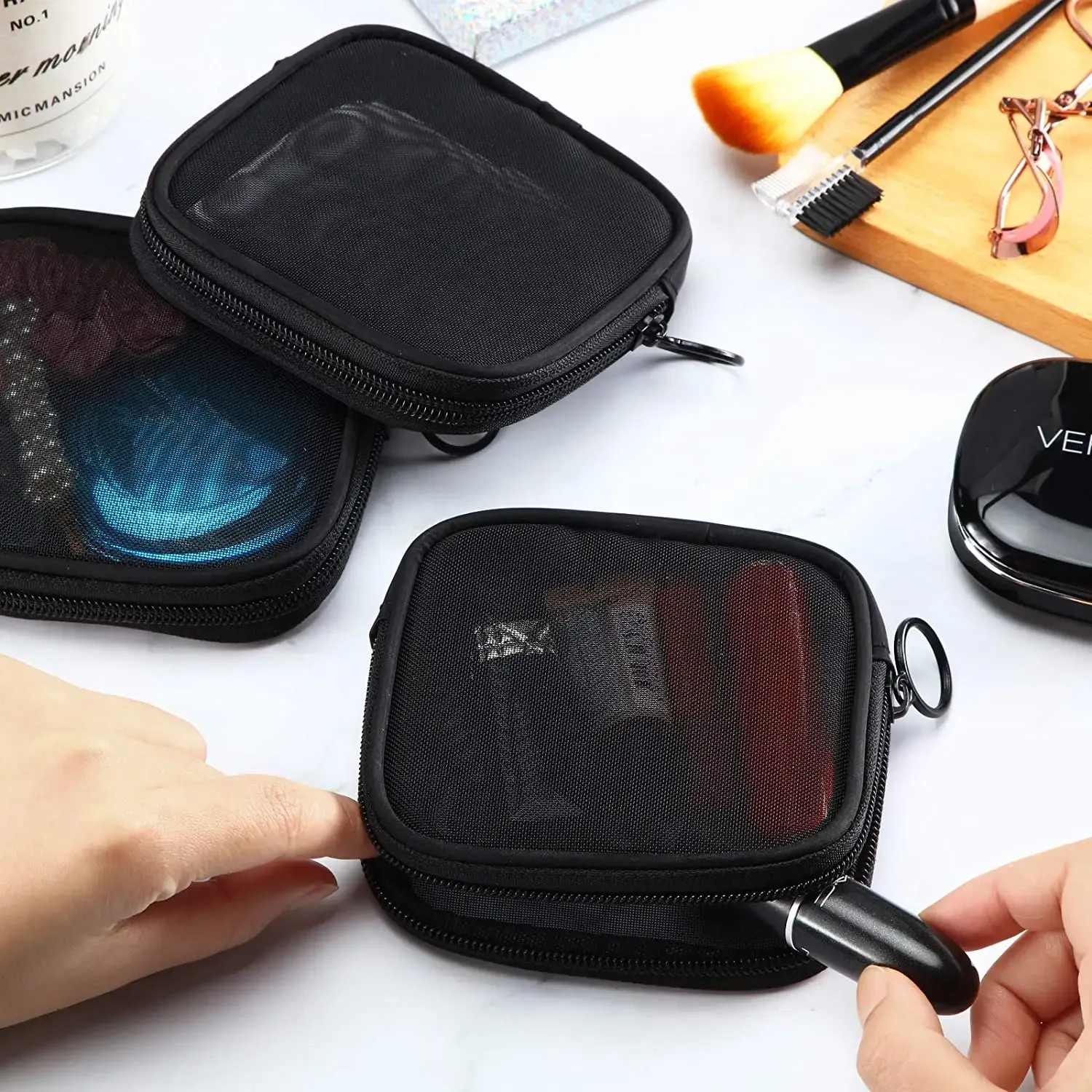 4PCS， Mesh Cosmetic Bag Travel Toiletry Bag Pouch with Zipper Mini Portable view 2