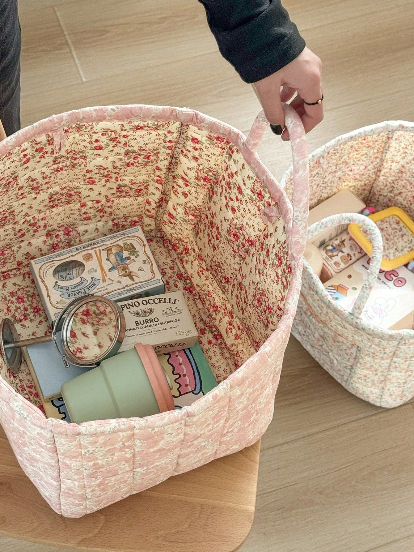 1Pc Floral Print Quilted Storage Basket Laundry Basket Large Capacity Portable