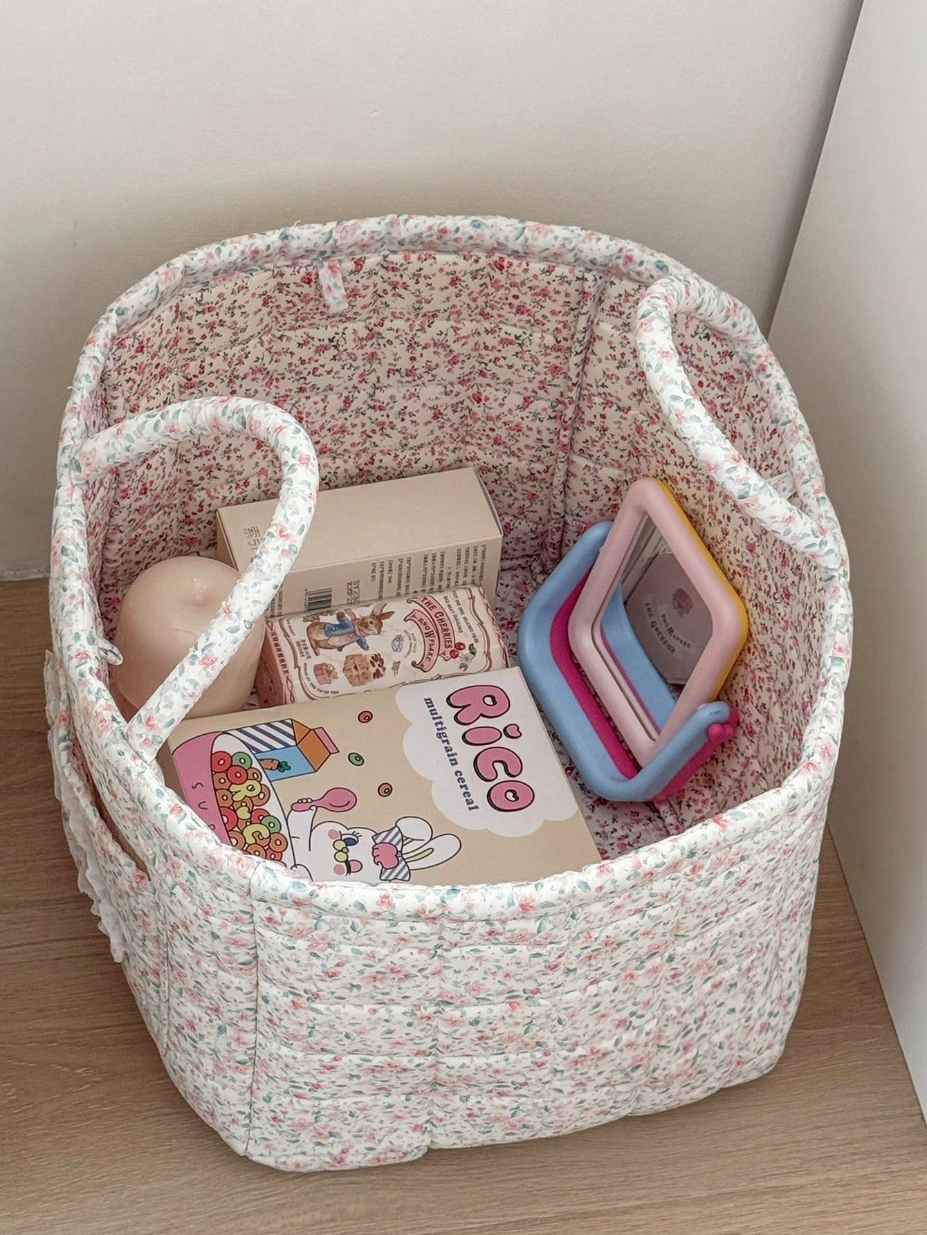 1Pc Floral Print Quilted Storage Basket Laundry Basket Large Capacity Portable view 2