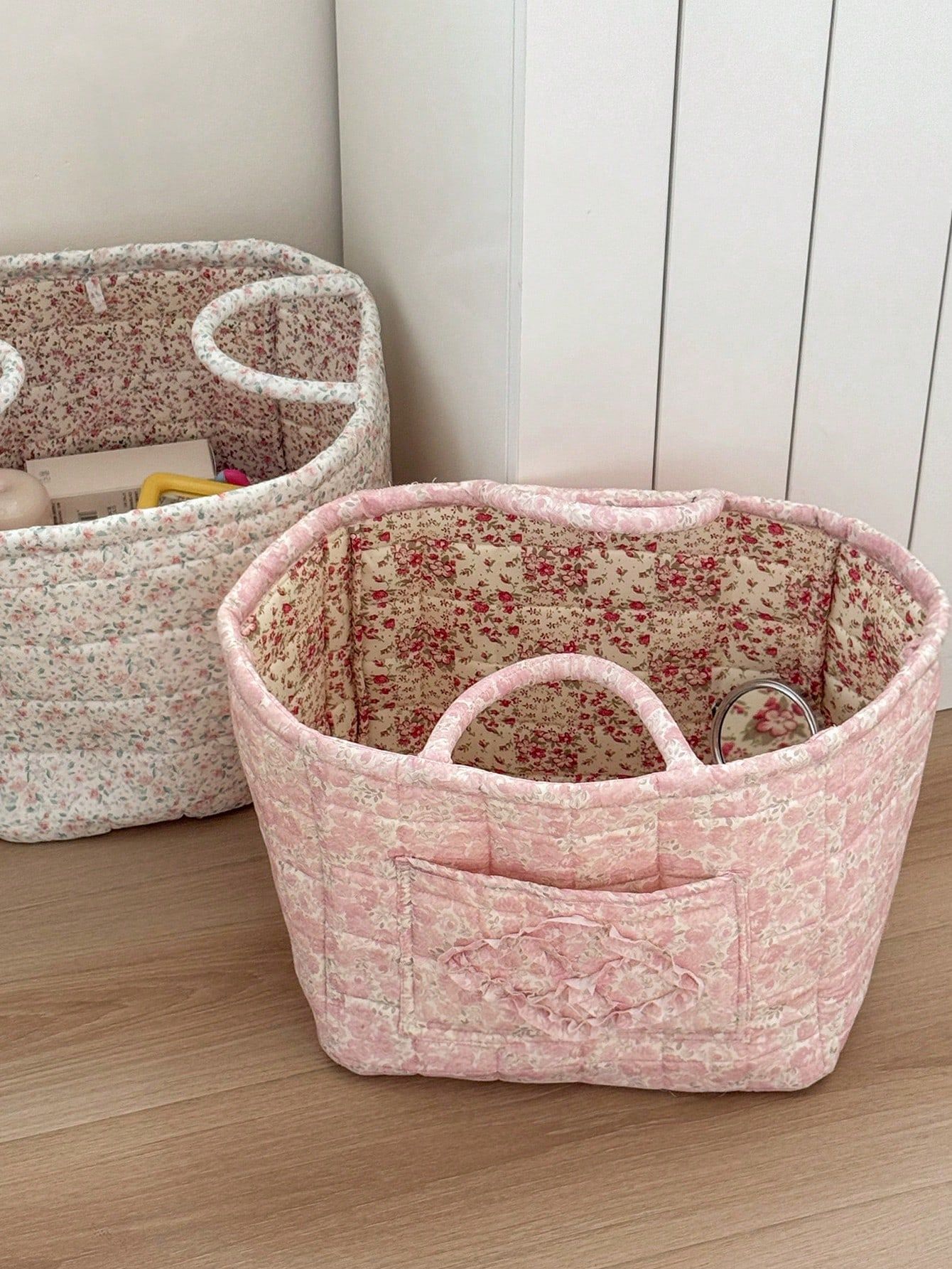 1Pc Floral Print Quilted Storage Basket Laundry Basket Large Capacity Portable view 3
