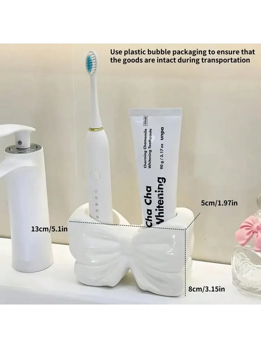 1Pcs Charming Bow Ceramic Toothbrush Holder – Portable Bathroom Organizer view 2