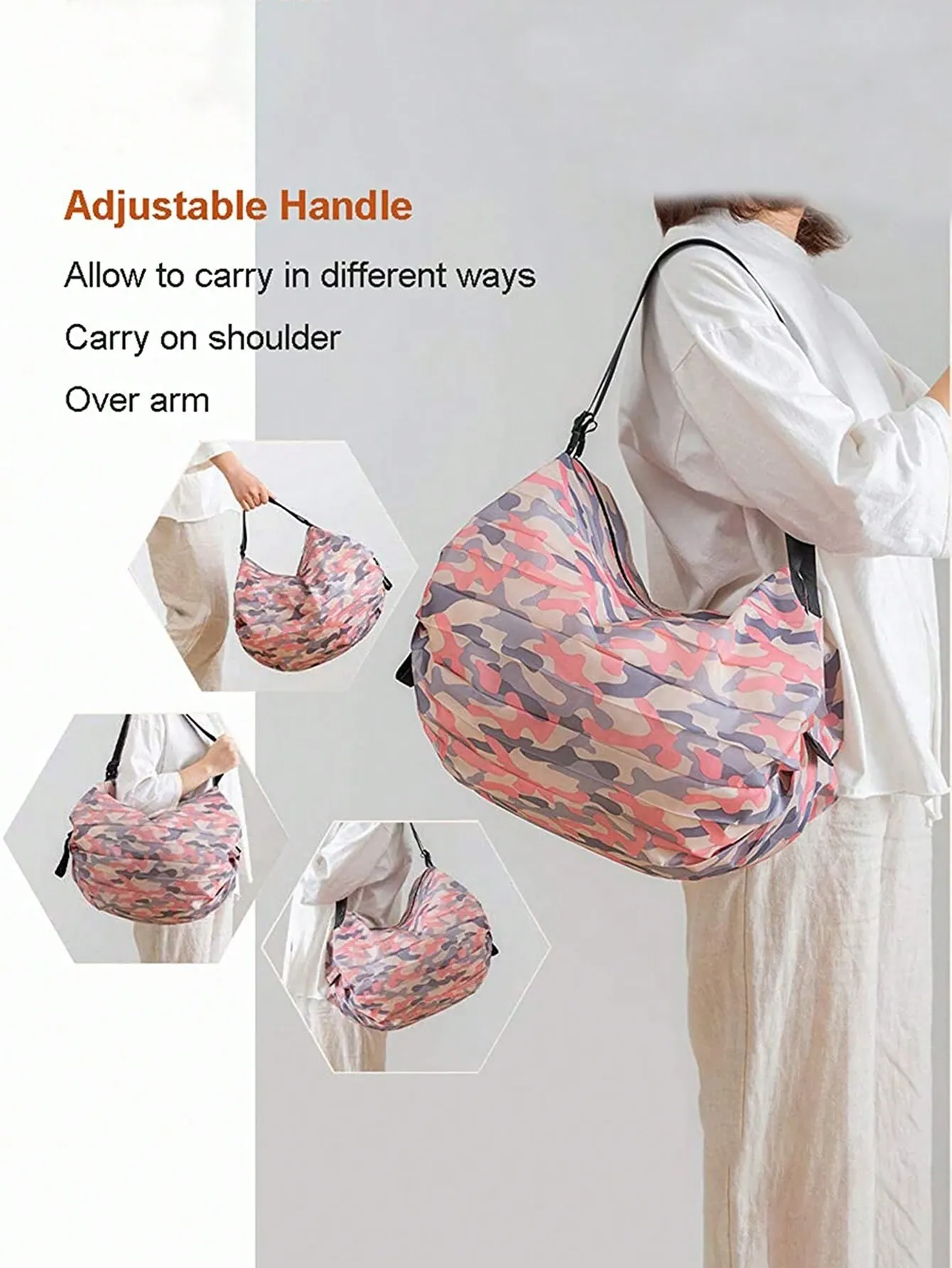 1PC Reusable Foldable Shopping Bag – Pink Waterproof Oxford Cloth Material view 2