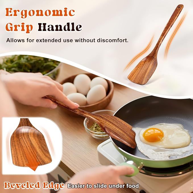 2Pcs Wooden Spatula, Acacia Solid & Slotted Turner Spatula Set, Long Handle view 2