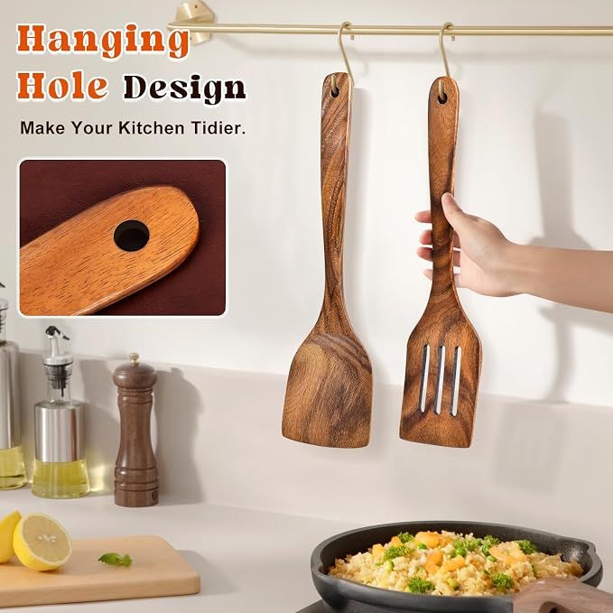 2Pcs Wooden Spatula, Acacia Solid & Slotted Turner Spatula Set, Long Handle view 4