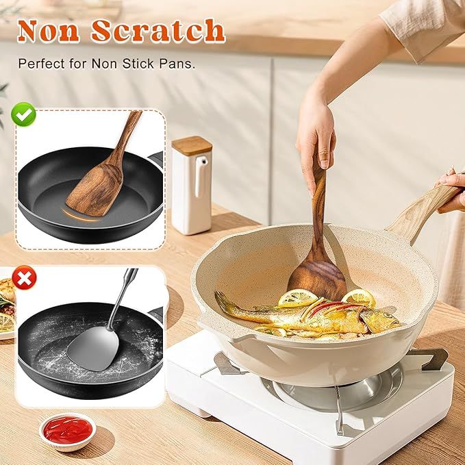 2Pcs Wooden Spatula, Acacia Solid & Slotted Turner Spatula Set, Long Handle view 5