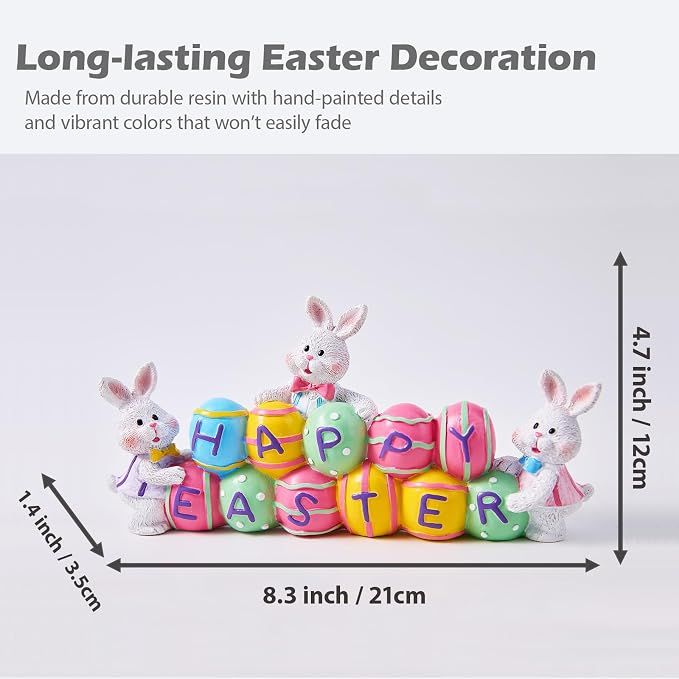 3 Bunny Holding Eggs and Happy Easter Decorations view 2