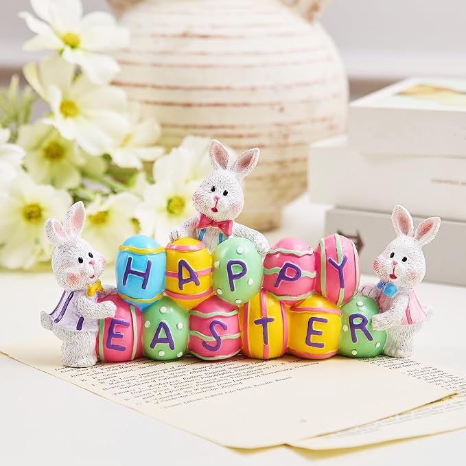 3 Bunny Holding Eggs and Happy Easter Decorations view 4