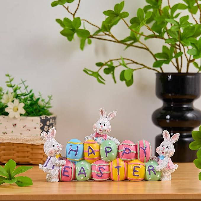 3 Bunny Holding Eggs and Happy Easter Decorations view 5