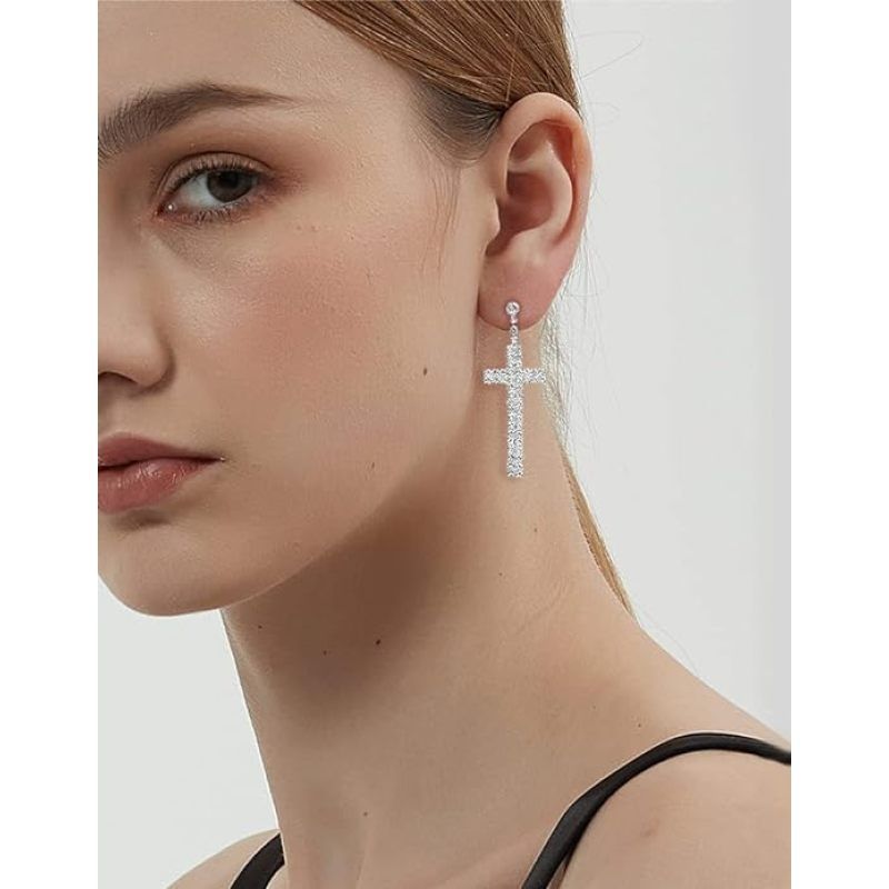 Rhinestone Cross Dangle Stud Earrings for Women Girls Silver Plated Crystal